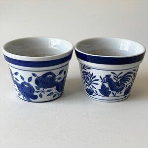 Pair Vintage Blue and White Handpainted Ceramic Planter Pot Rooster Floral